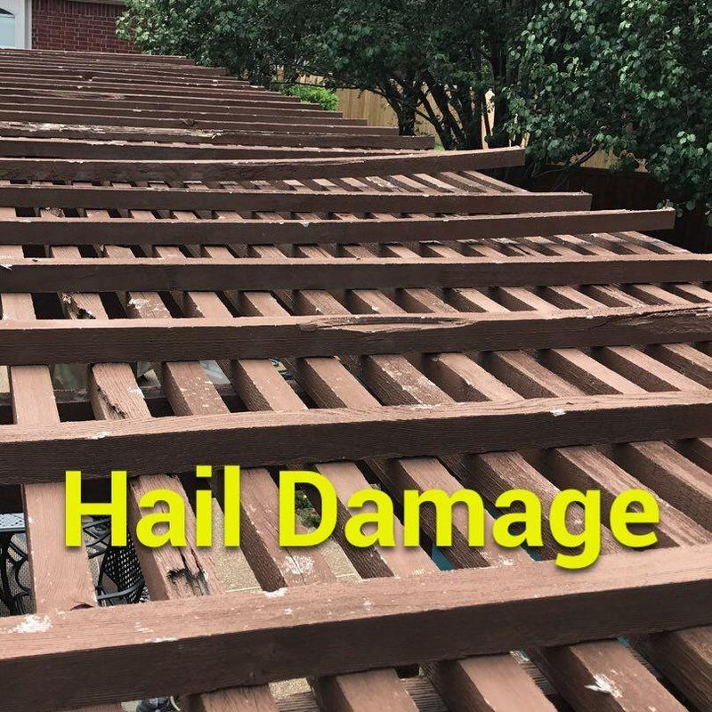 Pergola top with hail damage on wood beams