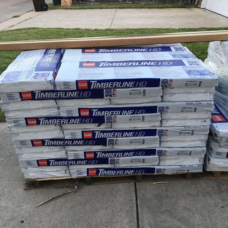 GAF Timberline HD laminated shingles stacked on pallet