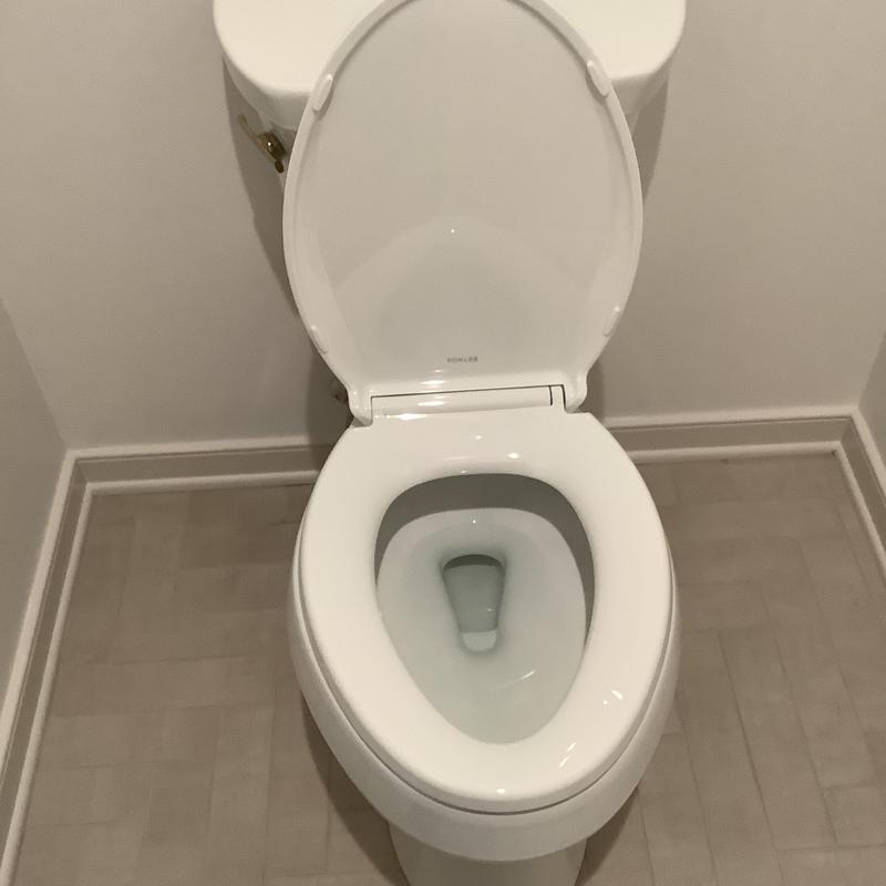 Comfort height Kohler toilet with open lid in bathroom Comfort height Kohler toilet with open lid in bathroom