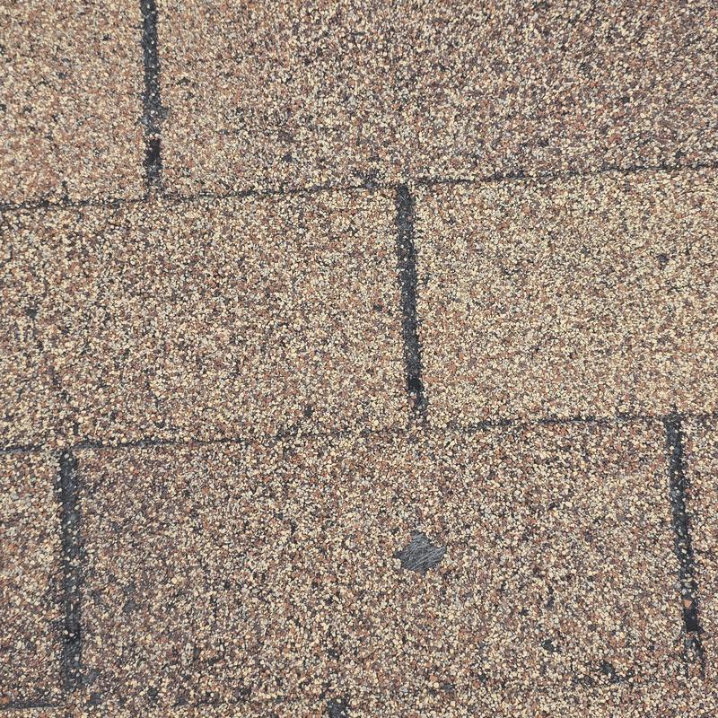 Asphalt roofing shingle with hail damage impact mark