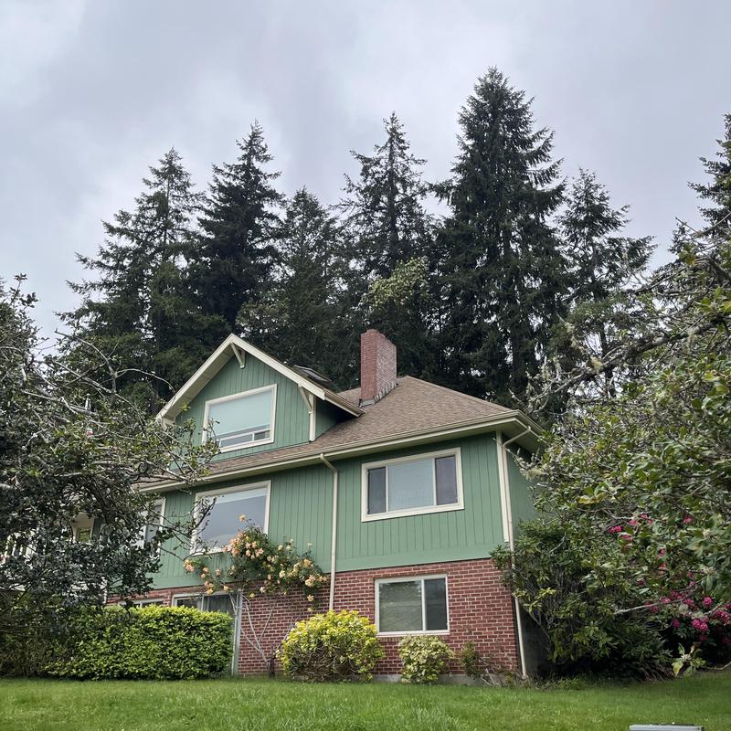 Asphalt shingle roof on two-story house with chimney