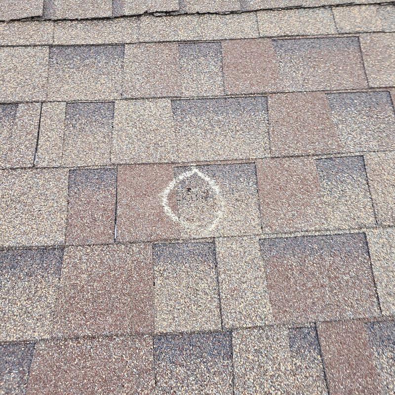Asphalt shingle roof with hail damage marked for inspection Asphalt shingle roof with hail damage marked for inspection
