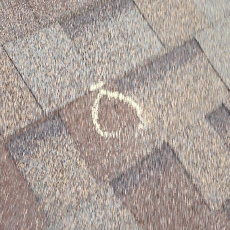 Shingle roof with hail damage marked during inspection Shingle roof with hail damage marked during inspection