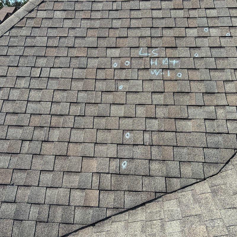 Asphalt shingle roof with hail damage markings