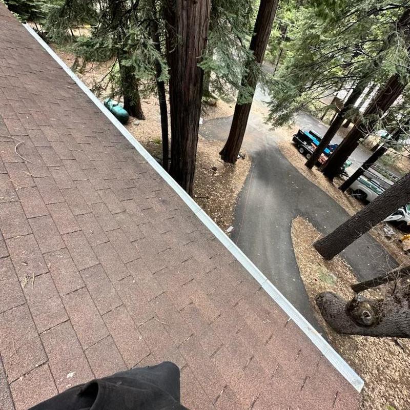 Seamless steel gutters with leaf blaster guards on cabin