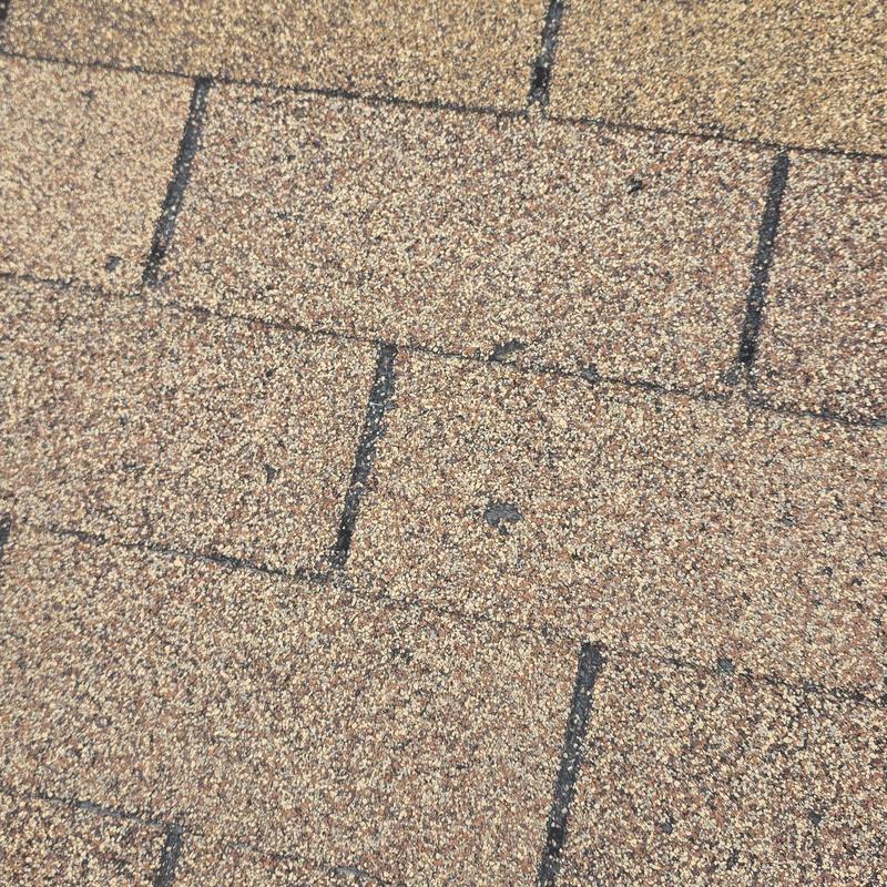 Asphalt roof shingles with hail damage spots