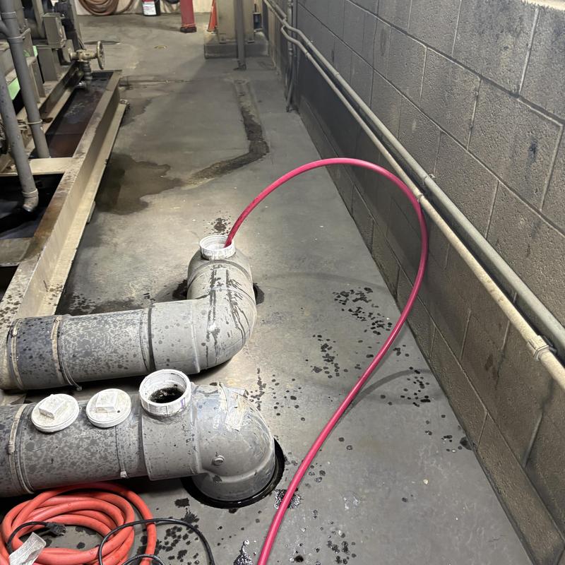 Sanitary line pipes with jetting hose in basement