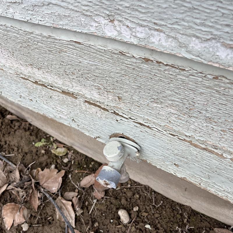 Outdoor faucet and house siding with peeling paint