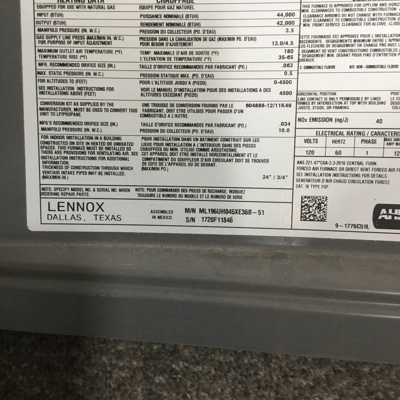 Furnace specification label Lennox model ML196UH045XE36B