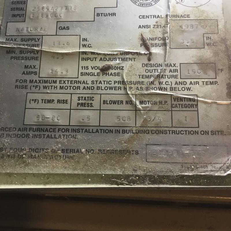 Central furnace gas rating and specifications label