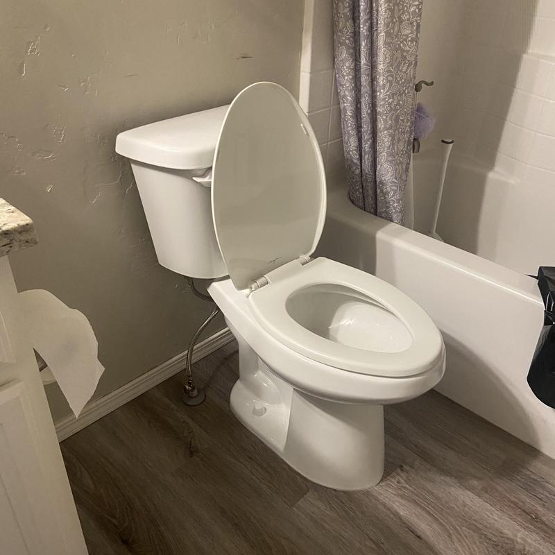 Toilet installation next to bathtub with shower curtain