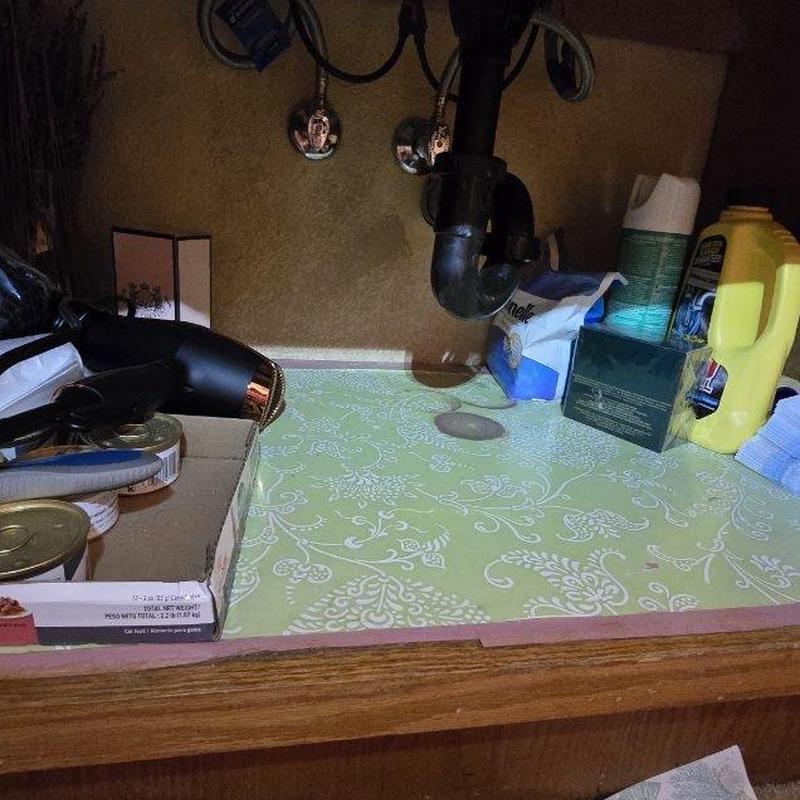 Bathroom sink drain pipe under cabinet with supplies