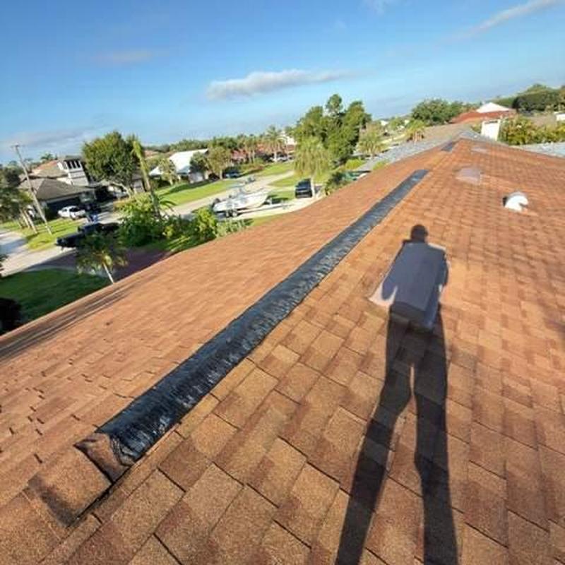 Shingle roof ridge with repaired flashing strip