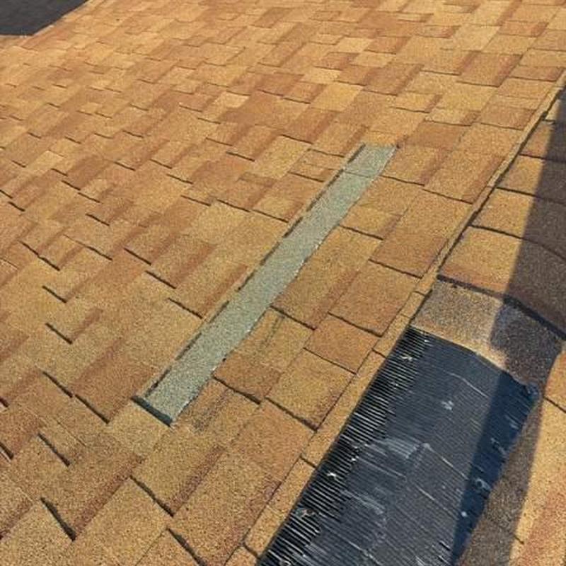 Shingle roof with missing granules and vent detail