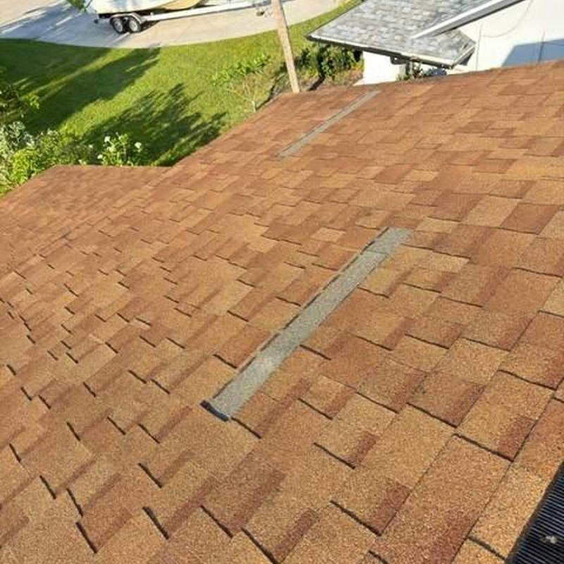 Shingle roof with visible wear and patches