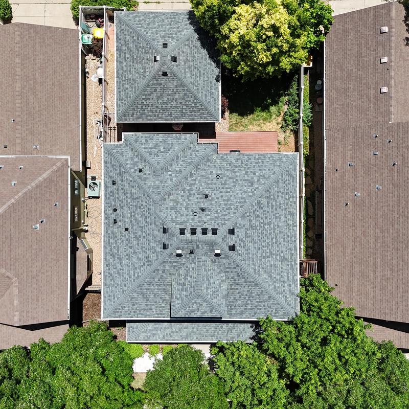 Owens Corning asphalt shingle roof replacement, aerial view