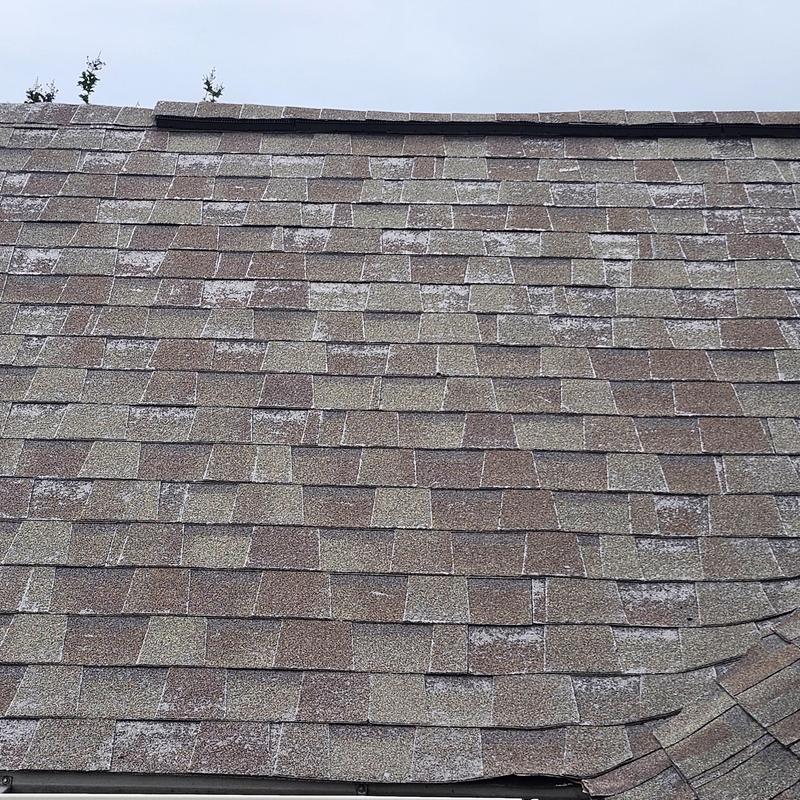 Roof shingles with hail damage and missing pieces