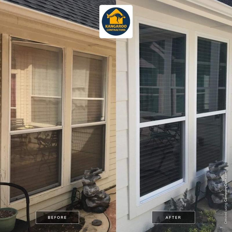 Vinyl window replacement with flashing tape in courtyard