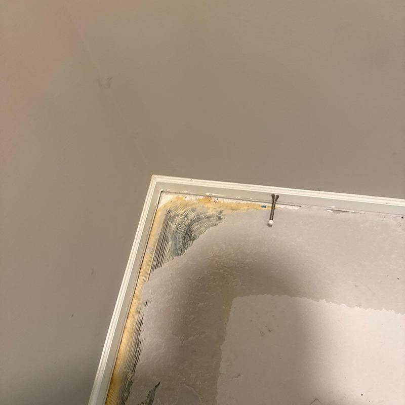 Drywall corner with water damage and mold growth