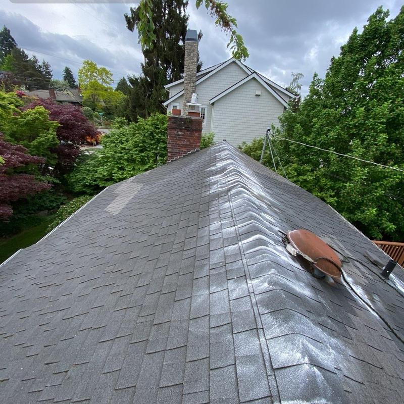 Asphalt shingle roof with moss treatment in Seattle