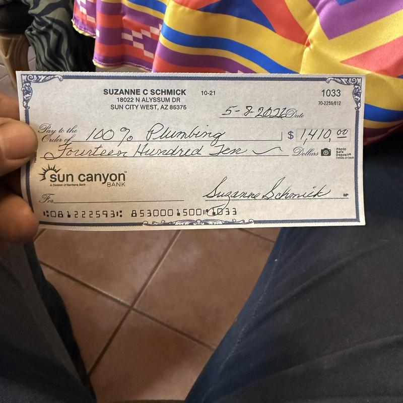 Check payment for plumbing services, Glendale AZ Check payment for plumbing services, Glendale AZ