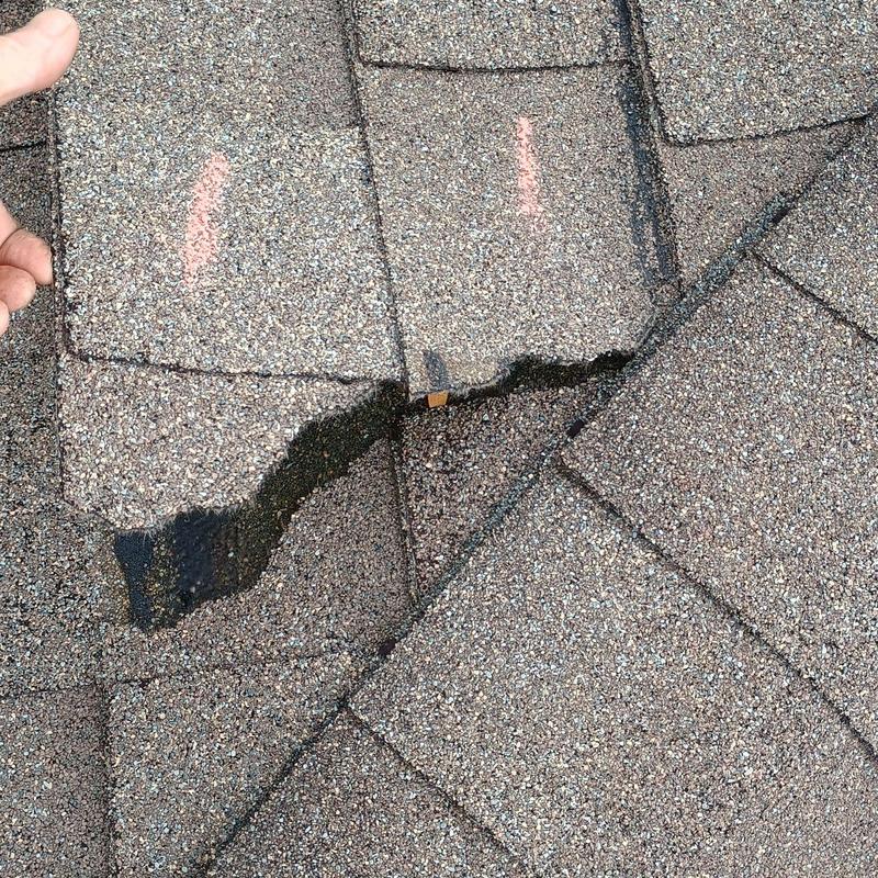 GAF Timberline HDZ shingle with storm damage close-up GAF Timberline HDZ shingle with storm damage close-up