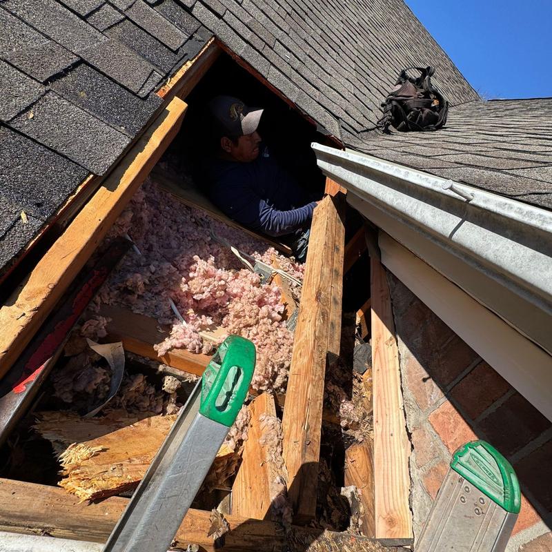 Roof decking and insulation exposed during repair inspection