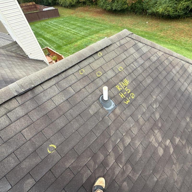 Shingles with hail damage and markings on roof surface