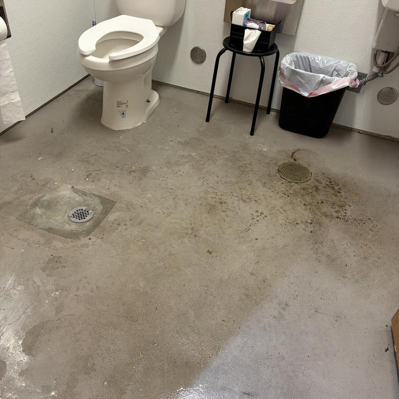 Toilet and floor drain flooding and backup in restroom
