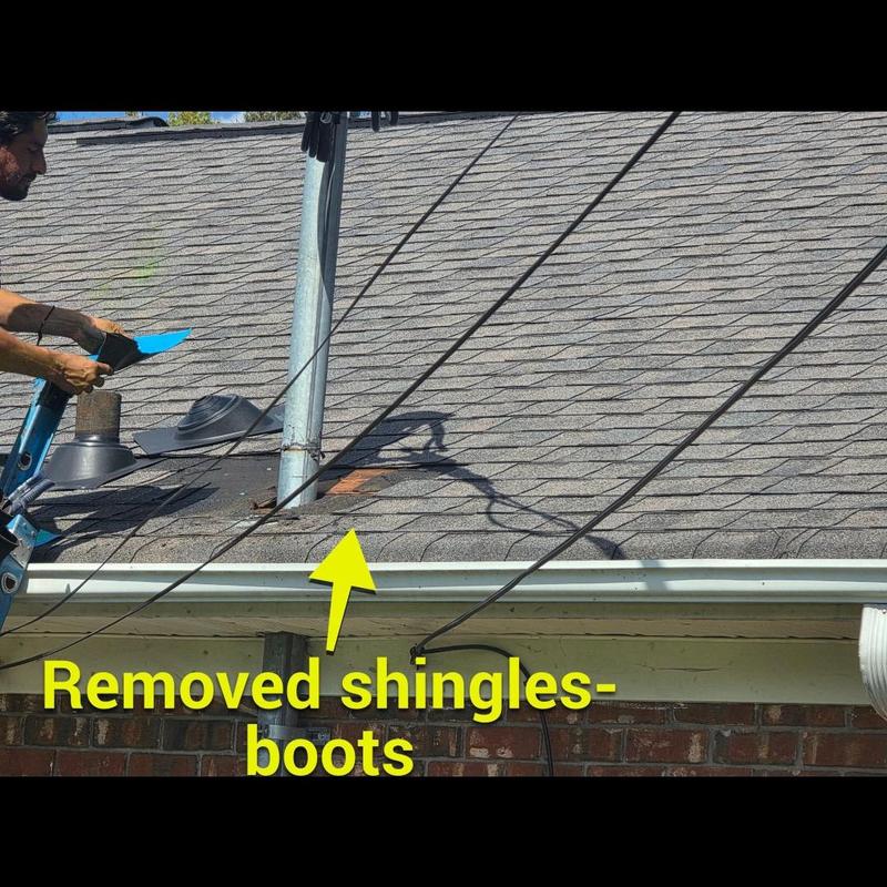 Pipe boots and shingle section removed on roof Pipe boots and shingle section removed on roof