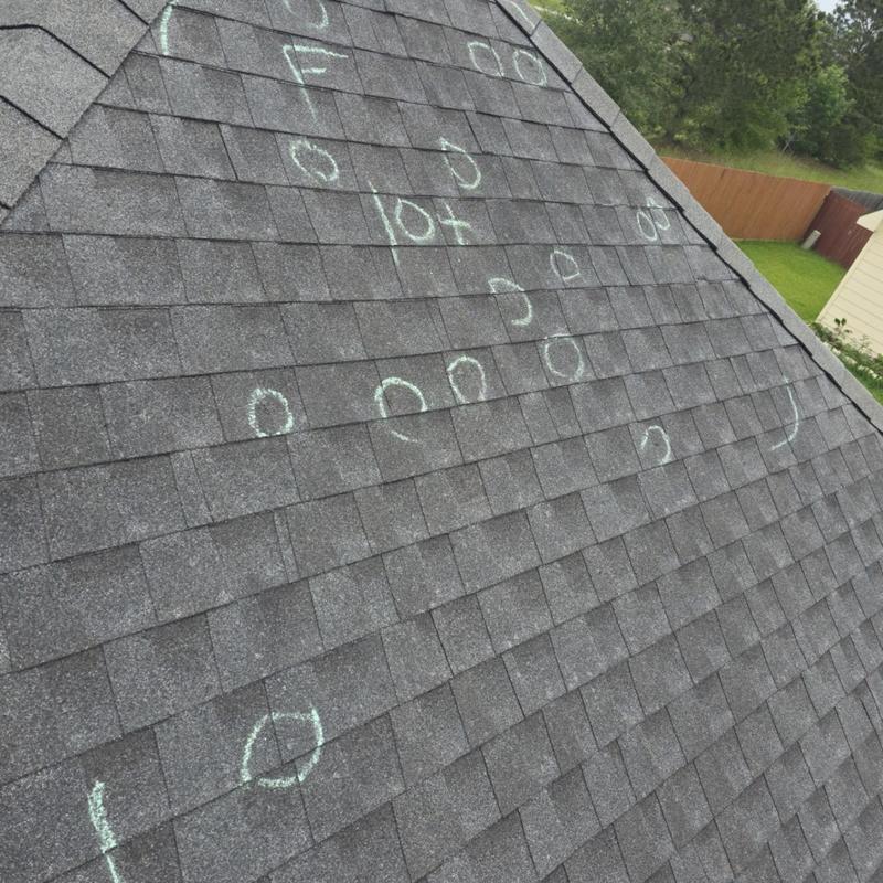 Asphalt shingle roof with chalked hail damage marks Asphalt shingle roof with chalked hail damage marks