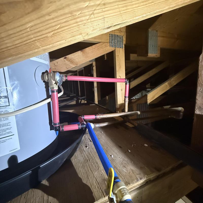 Electric water heater with PEX piping in attic Electric water heater with PEX piping in attic