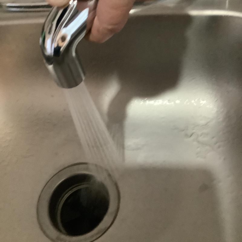 Delta kitchen sink sprayer with water flow in stainless sink Delta kitchen sink sprayer with water flow in stainless sink