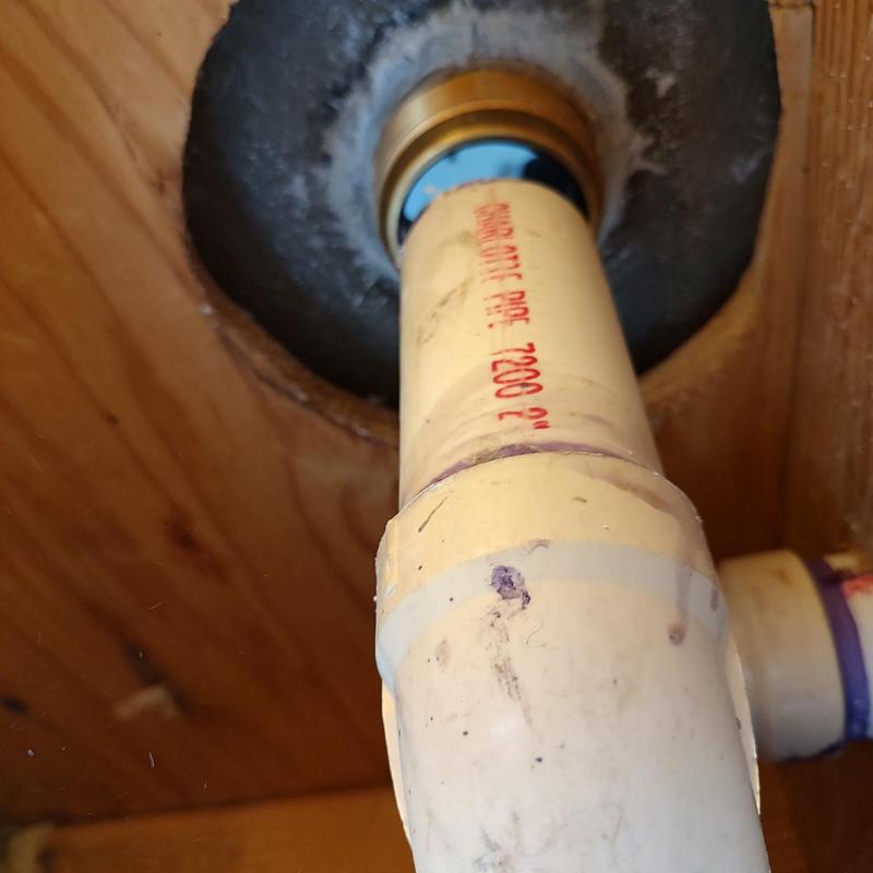 Shower drain PVC pipe connection in wooden ceiling Shower drain PVC pipe connection in wooden ceiling