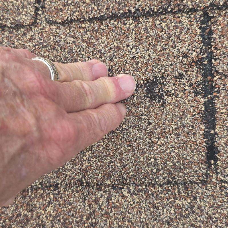 Asphalt roof shingle hail damage close-up with hand