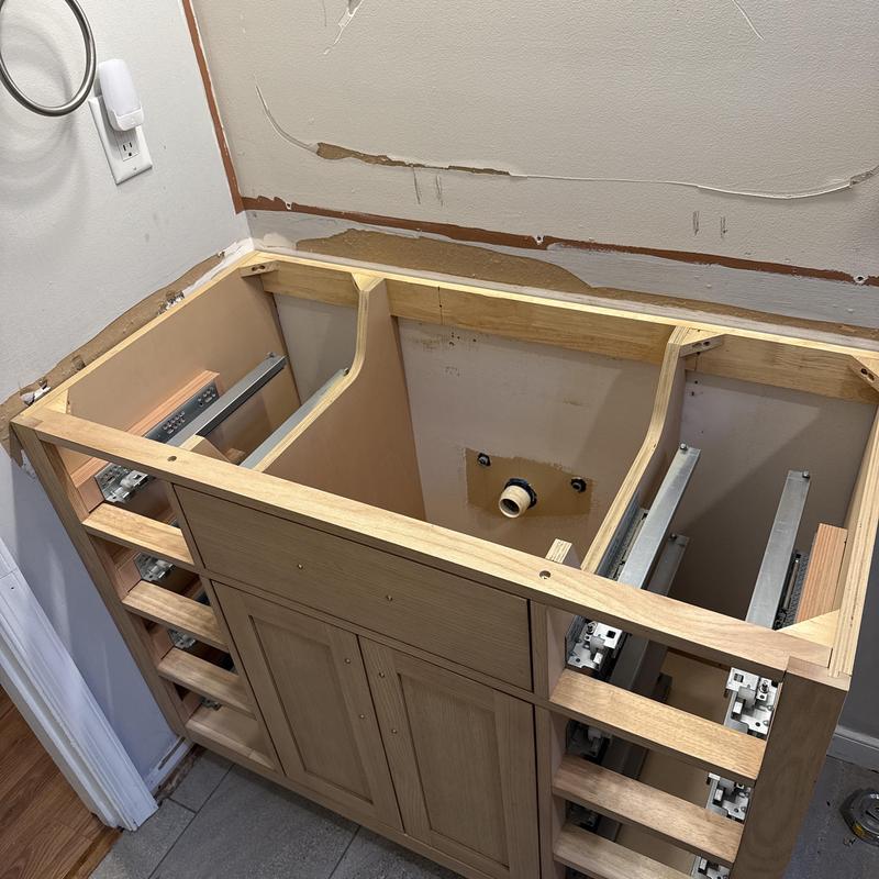 Vanity cabinet frame with plumbing hookup prep Vanity cabinet frame with plumbing hookup prep