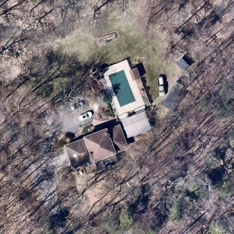 Swimming pool and roof aerial view with surrounding trees Swimming pool and roof aerial view with surrounding trees