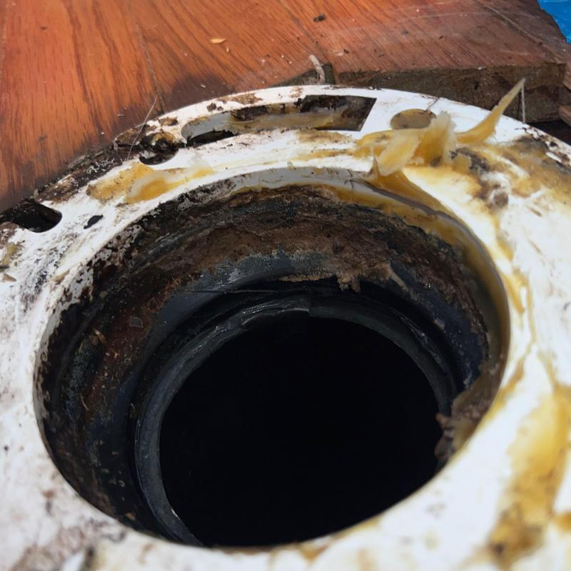 Toilet flange with corrosion and sealant residue Toilet flange with corrosion and sealant residue