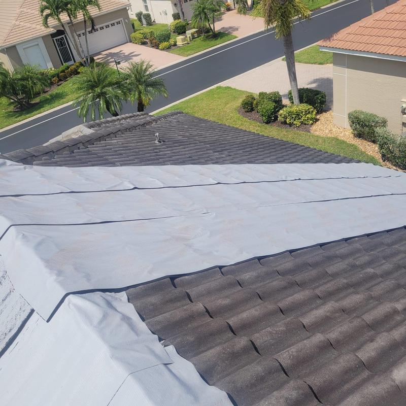Concrete tile roof with temporary protective covering