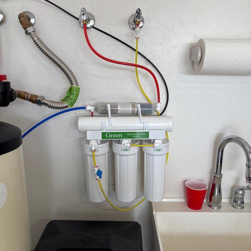 Green five-stage RO water filtration system installation