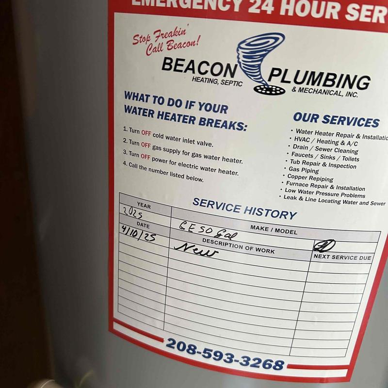 Water heater service history and emergency instructions label
