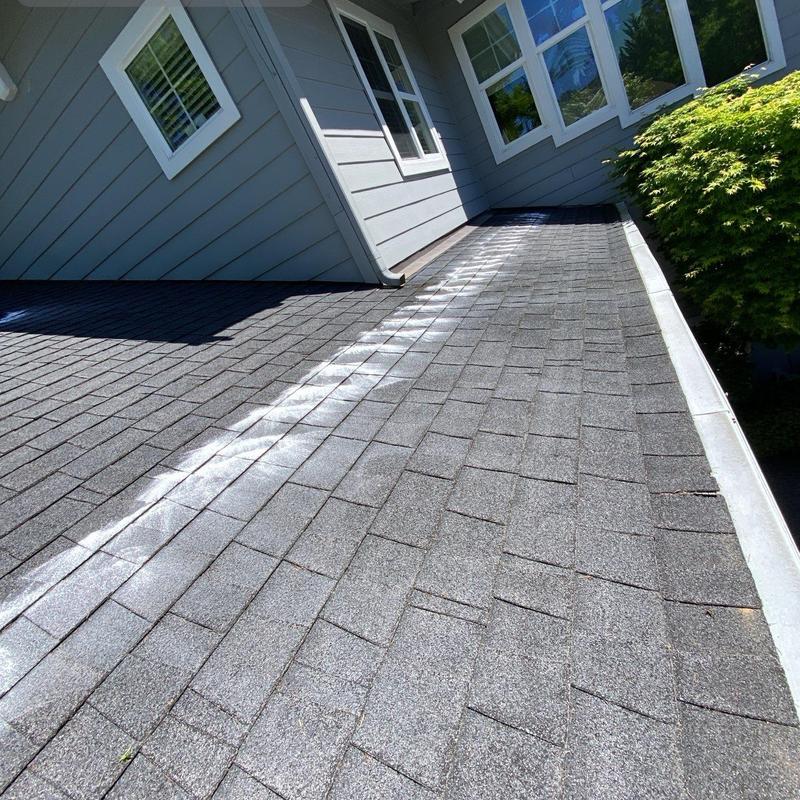 Asphalt shingle roof with cleaned gutters and moss treatment