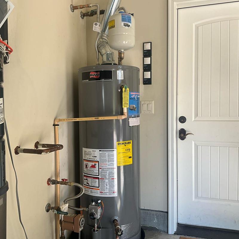 50-gallon Ruud water heater with expansion tank installation