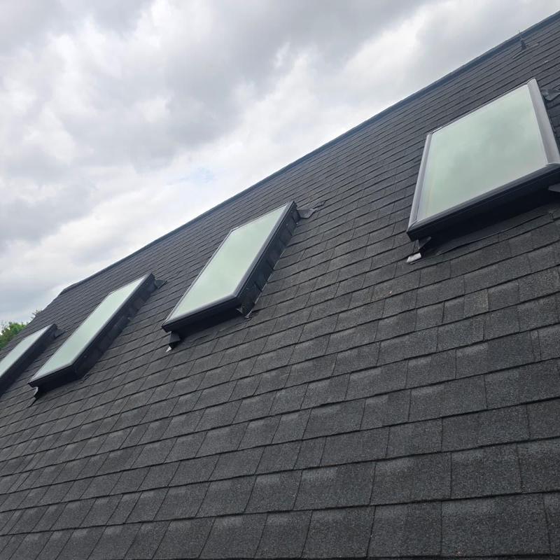Skylight windows on dark shingle roof under cloudy sky
