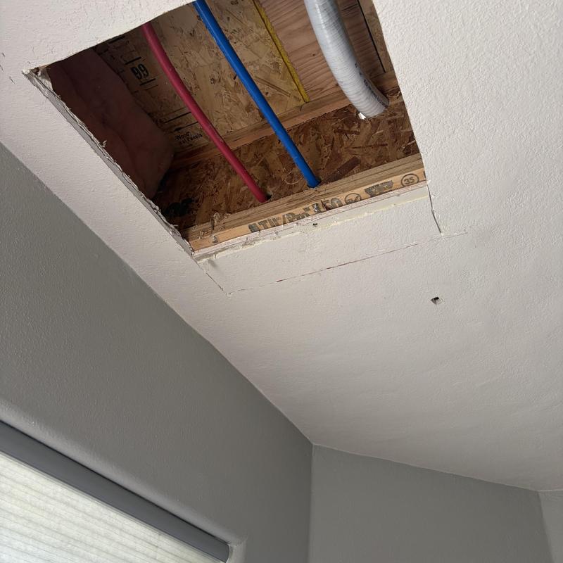 Bathroom ceiling access with exposed plumbing pipes