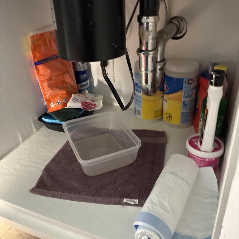 Garbage disposal and P-trap under kitchen sink Garbage disposal and P-trap under kitchen sink