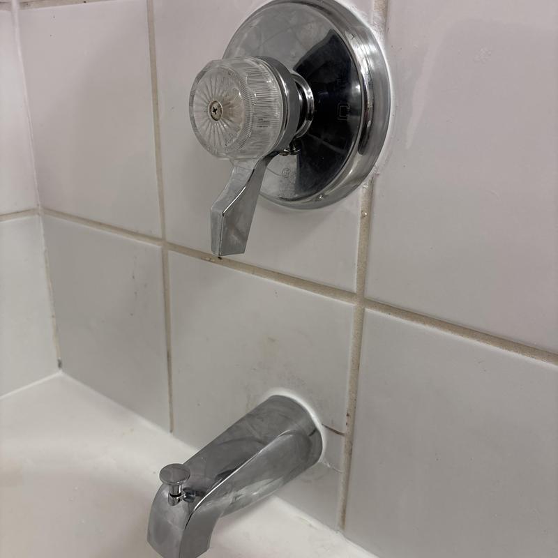 Tub spout and faucet handle on tiled wall Tub spout and faucet handle on tiled wall