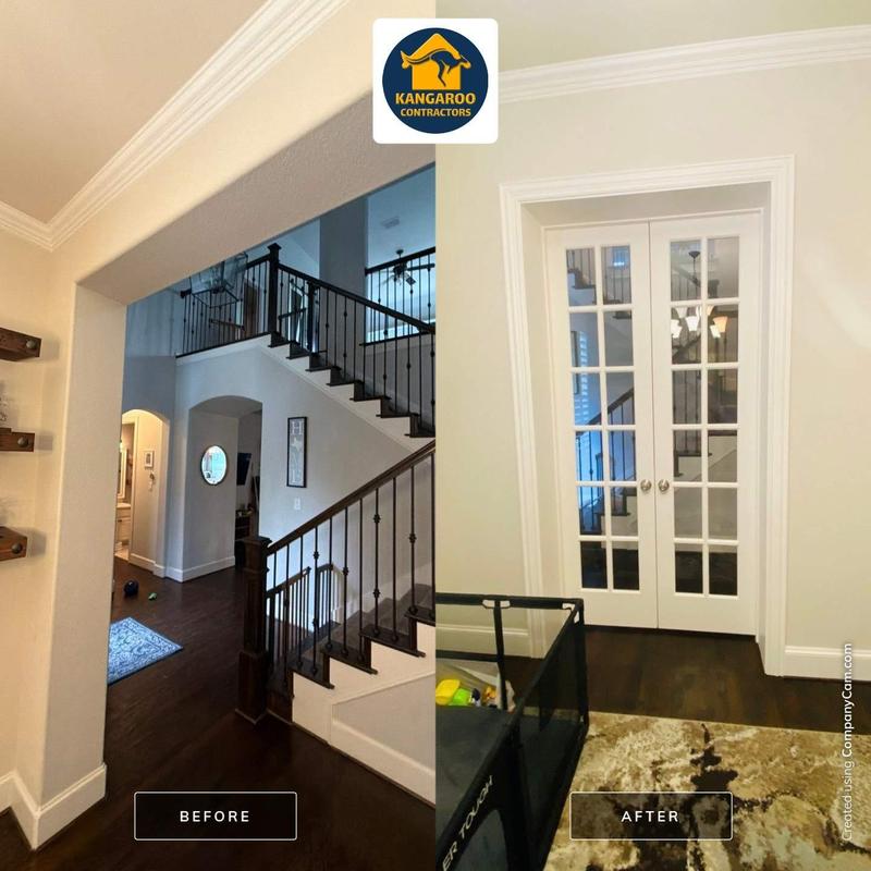 French doors with drywall framing in home office conversion