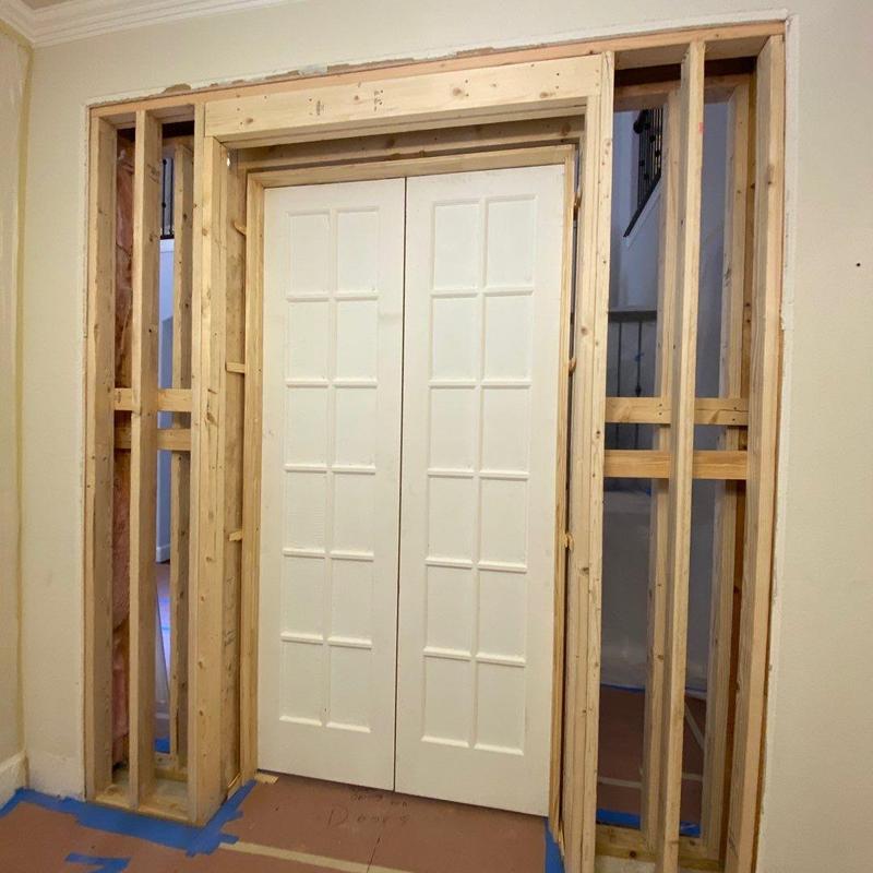 Double French door framing with drywall installation