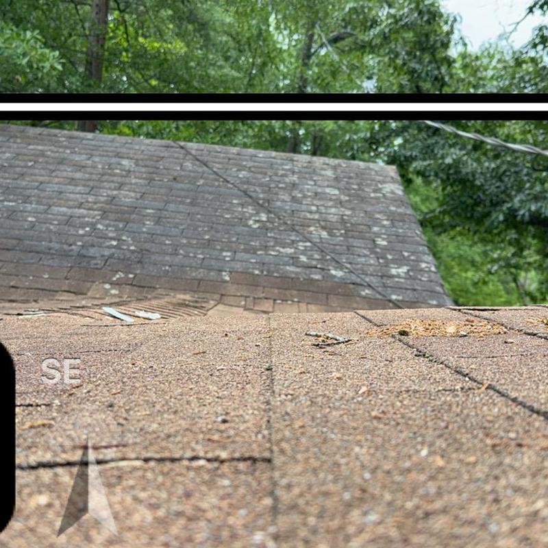 Architectural shingles with wear and moss buildup on roof